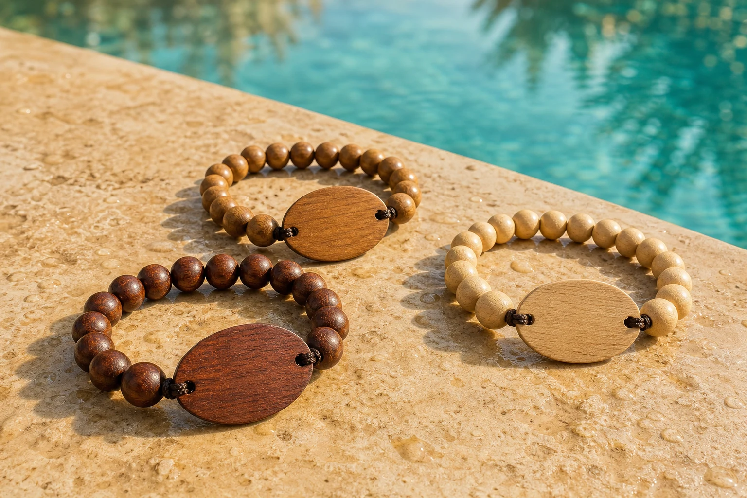 Three polished wood-bead RFID wristbands with slim wooden medallions by a resort pool